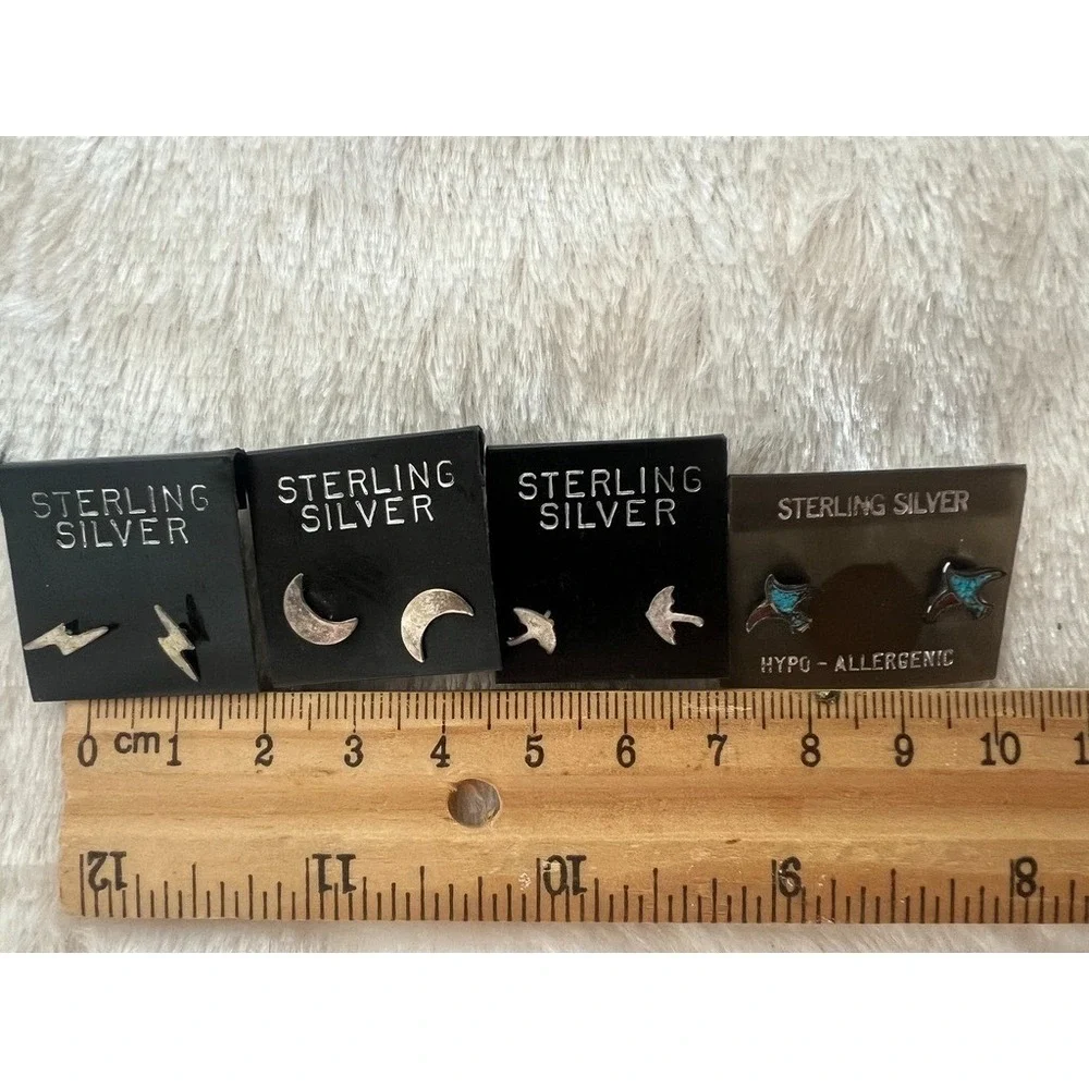 Lot Sterling Silver Stud Earrings Tiny Lightning Bolt Moon Star Rain Turquoise - Picture 13 of 13